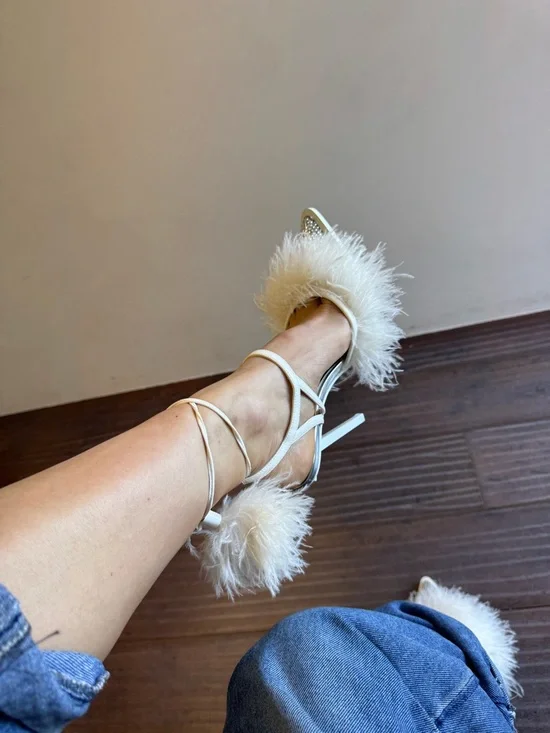 White Feather-Trim Strappy High Heels - Picture 7 of 10